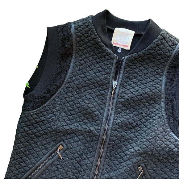 Rebecca Taylor Quilted Lace Leather Trim Zip Sleeveless Vest Jacket Black Size 2 - Picture 3 of 6